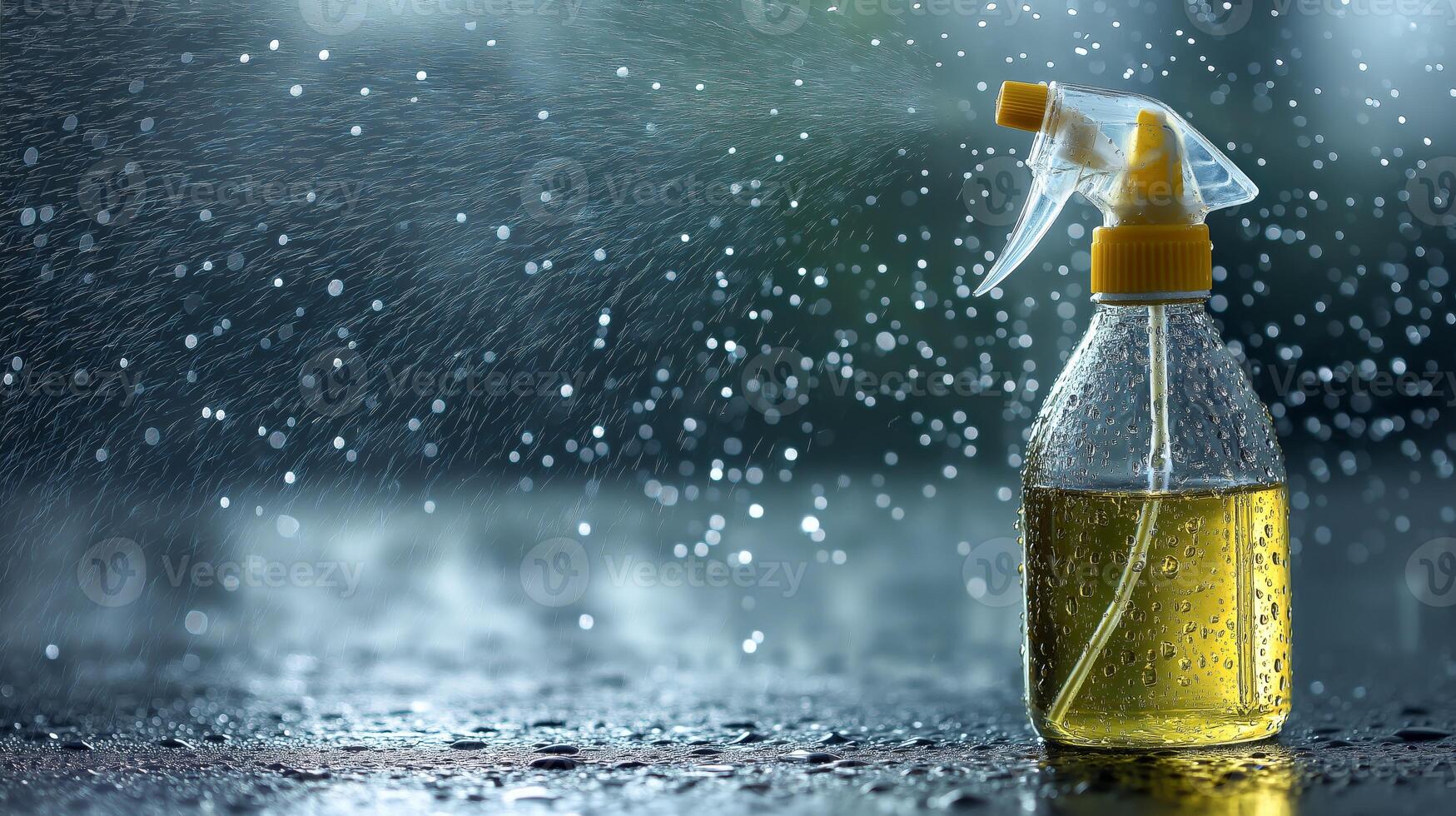 A clear spray bottle filled with yellow liquid sits on a damp surface as water droplets surround it. photo