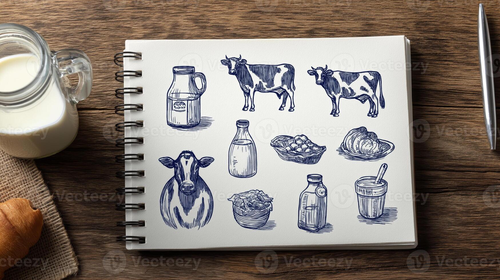 Illustrations show cows, milk, and dairy products on a textured wooden background with utensils. photo