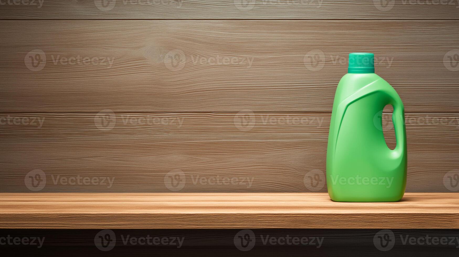 Bright green detergent bottle stands alone on a wooden shelf, suggesting tidiness in the kitchen. photo