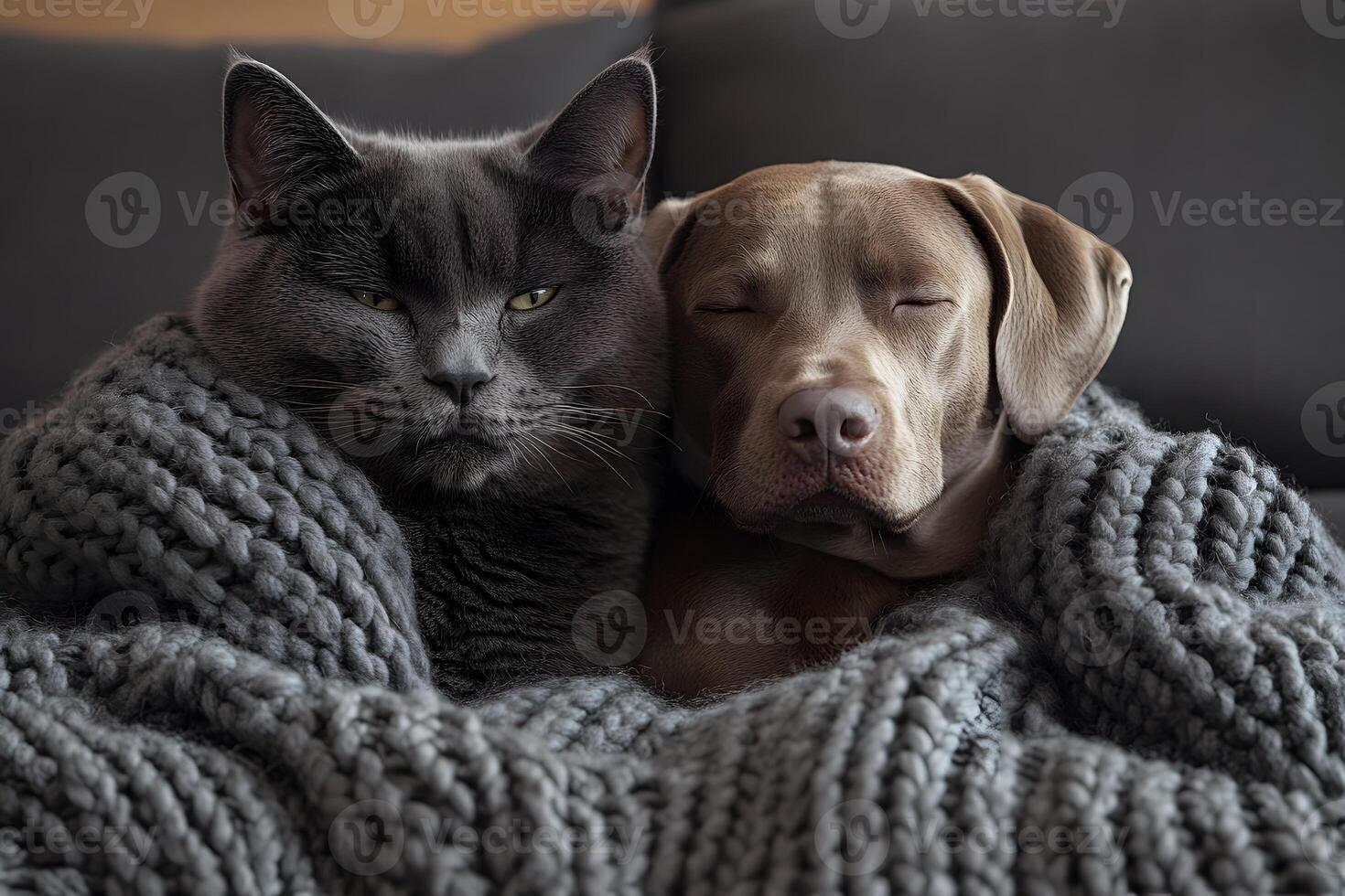 Cozy Companionship Dog and Cat Snuggled Together in Warm Knit Blanket photo