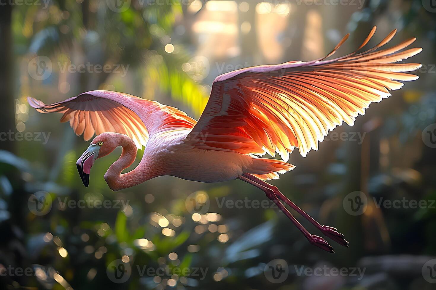 Graceful Flamingo in Flight Amidst Sunlit Tropical Jungle photo