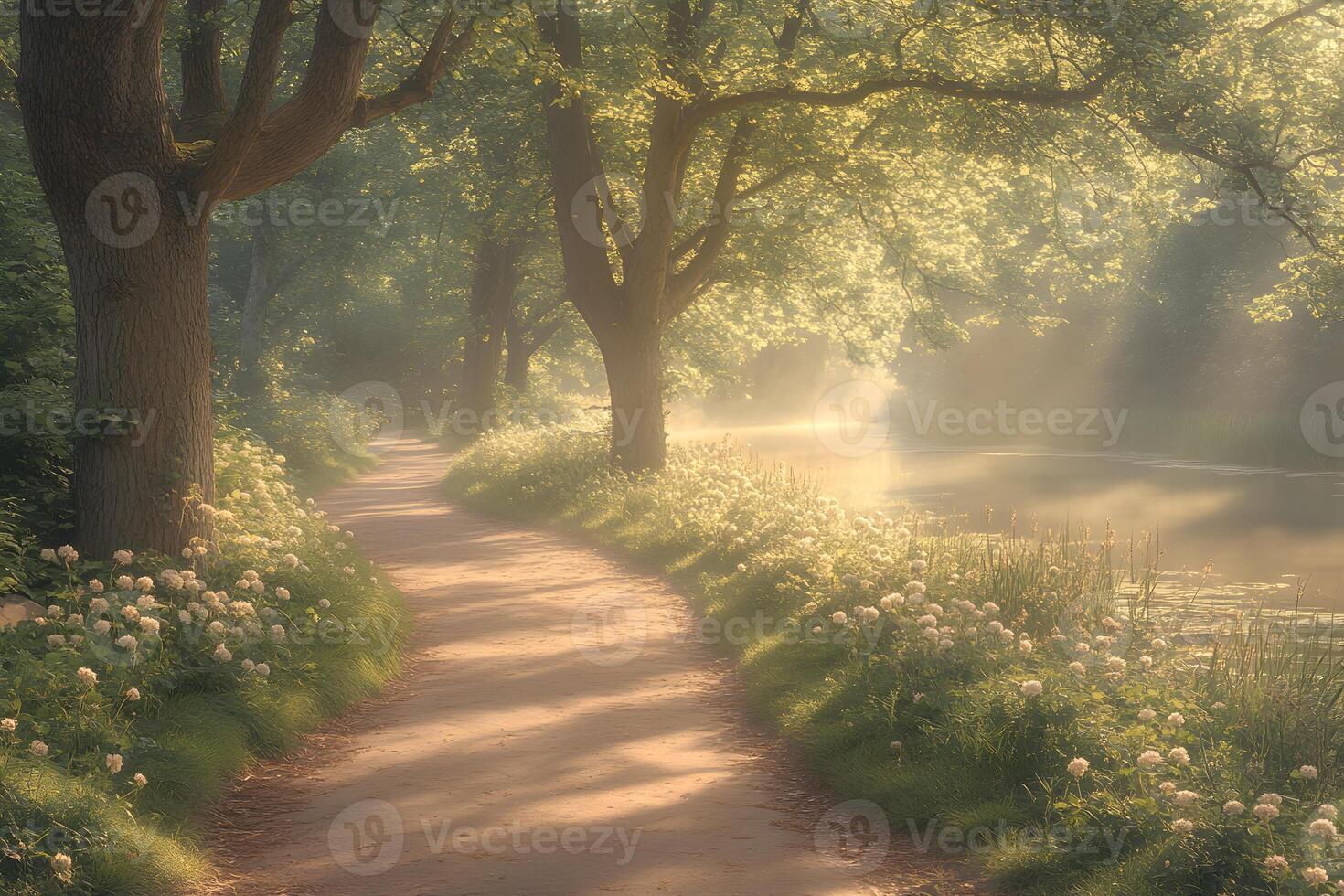 Tranquil Morning Pathway by the River with Sunlit Trees and Blooming Flowers photo