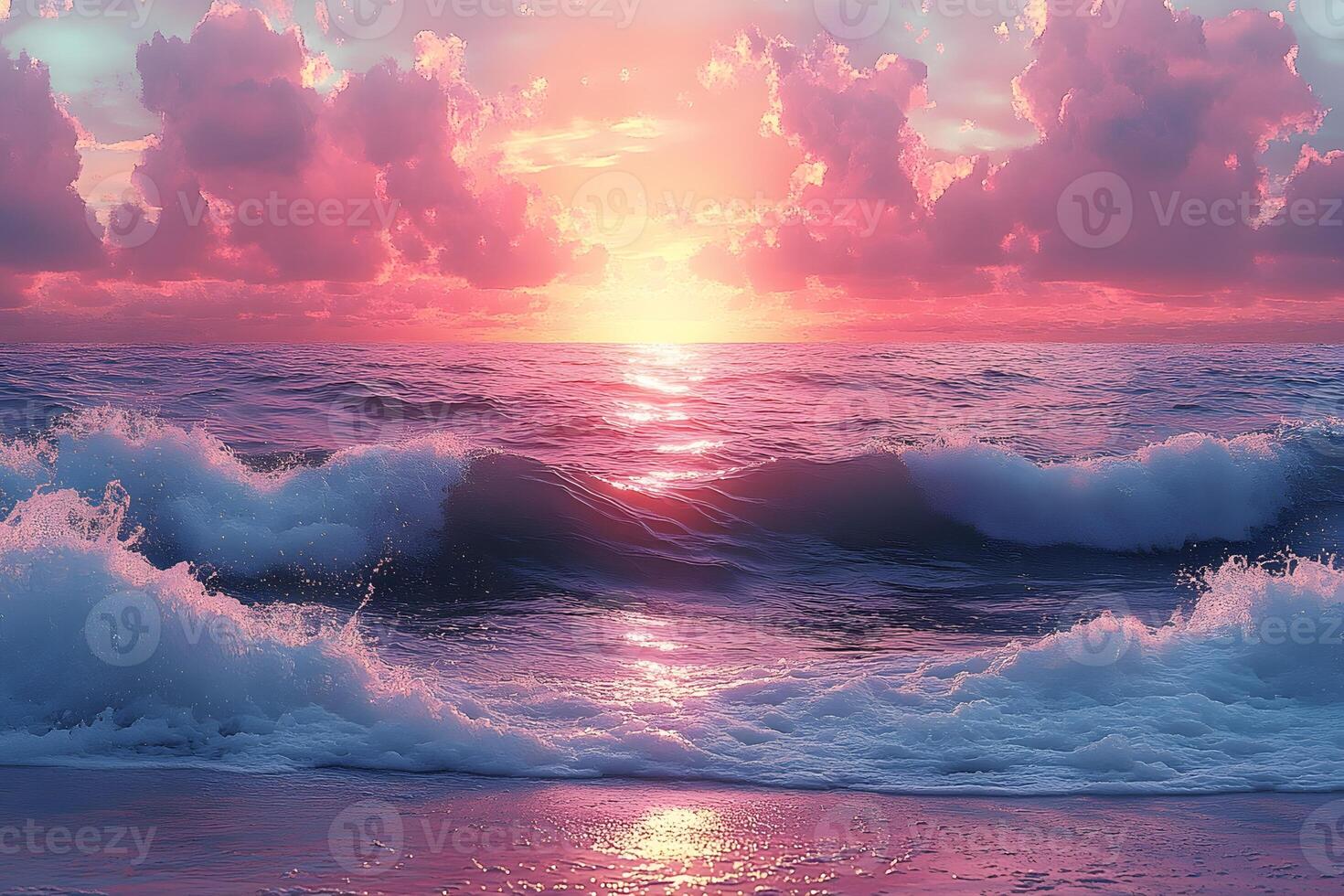Vibrant Pink Sunset Over Ocean Waves - Serene Coastal Magic for Relaxation Art photo