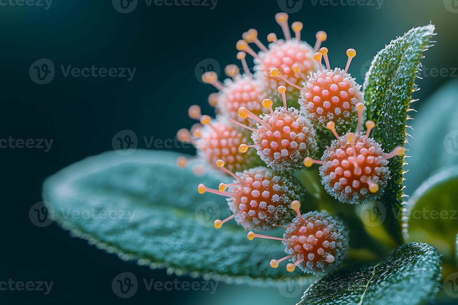Macro Shot of Dew-Kissed Pink Berries on Lush Green Leaves for Nature Wallpaper photo