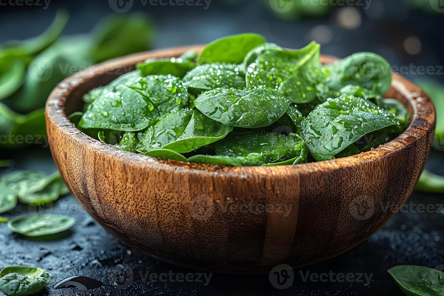 Fresh Spinach Salad in Rustic Wooden Bowl for Healthy Eating and Vegan Cuisine Concepts photo