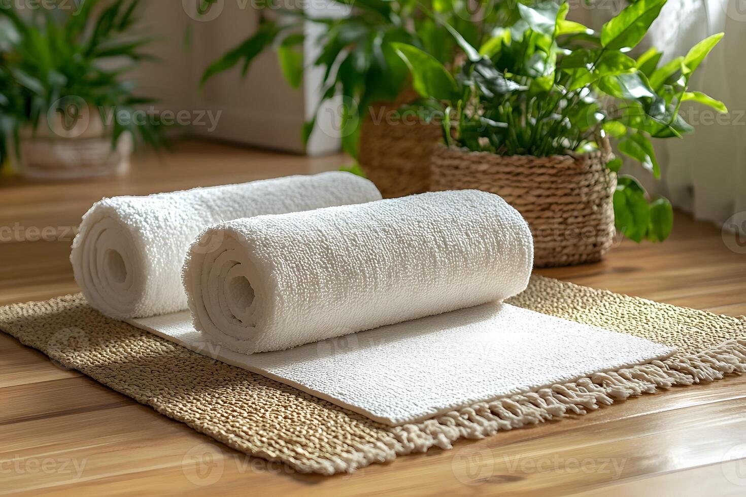 Tranquil Spa Setting with Rolled White Towels on Woven Mat Surrounded by Lush Greenery photo