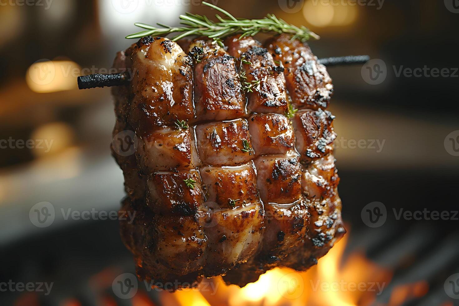 Grilled Rosemary-Infused Pork Roast Over Flame for Culinary Presentation and Recipe Design photo