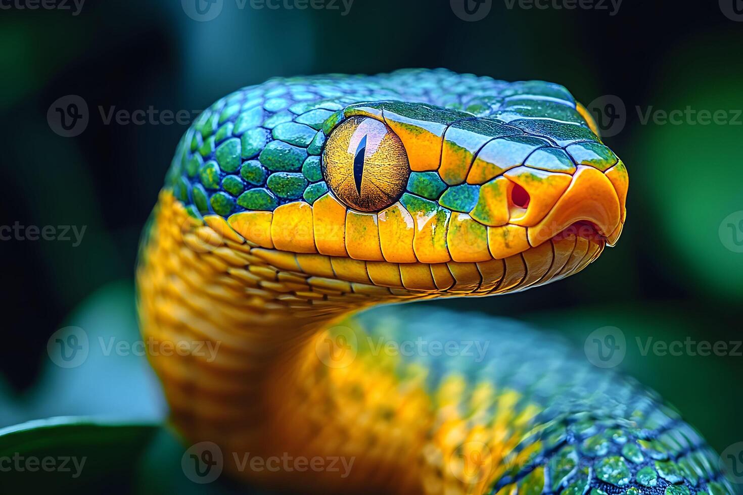 Vibrant Green and Yellow Snake with Striking Scales and Intense Eyes photo