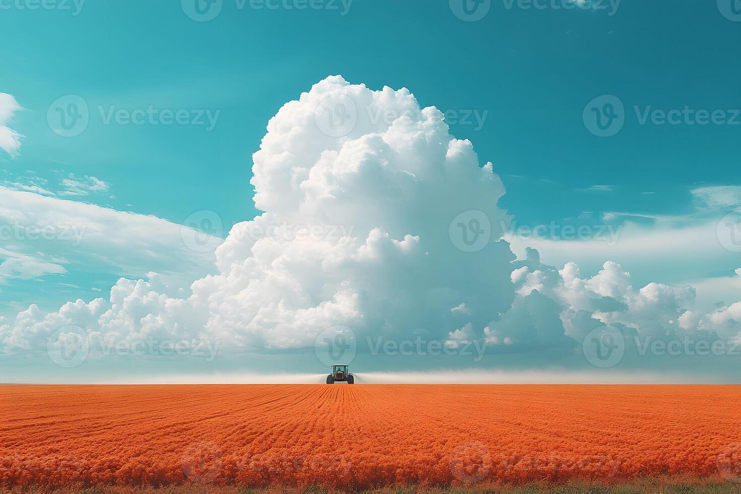 Vibrant Orange Field with Tractor and Dramatic Cloudscape under Blue Sky photo