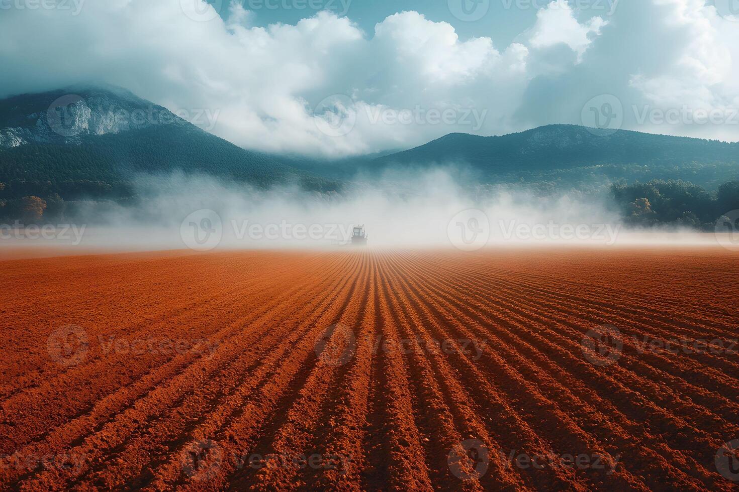 Tranquil Agricultural Landscape with Misty Red Plowed Field and Mountain Backdrop photo