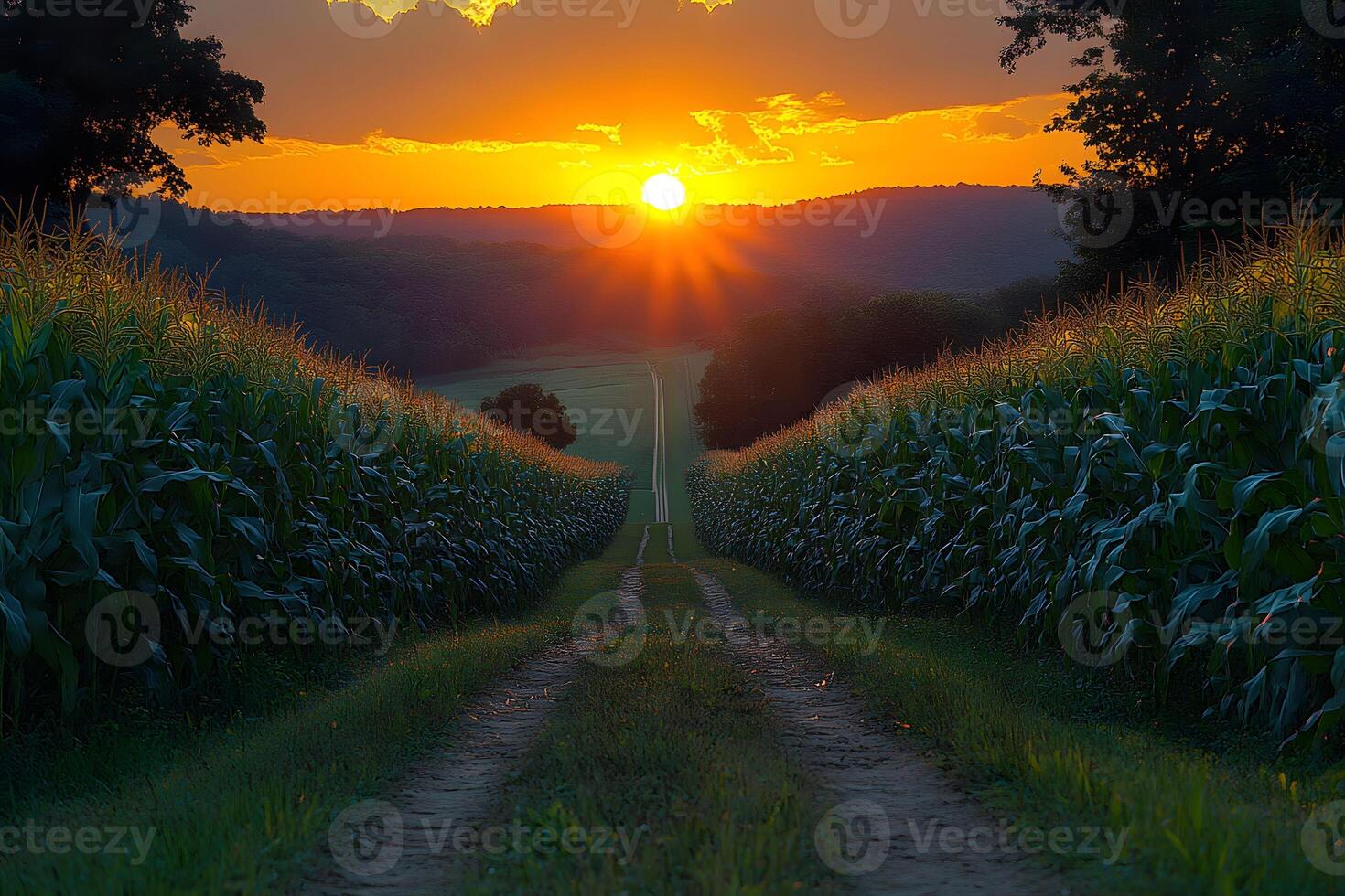 Golden Hour Over Cornfield Pathway at Sunset - Nature and Agriculture Photography photo