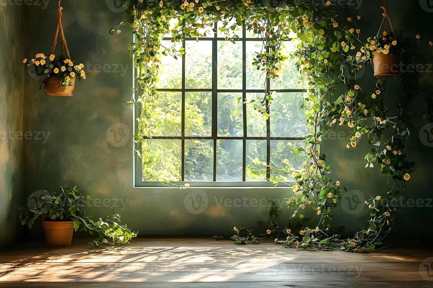 Serene Sunlit Window with Hanging Plants for Tranquil Interior Design Inspiration photo
