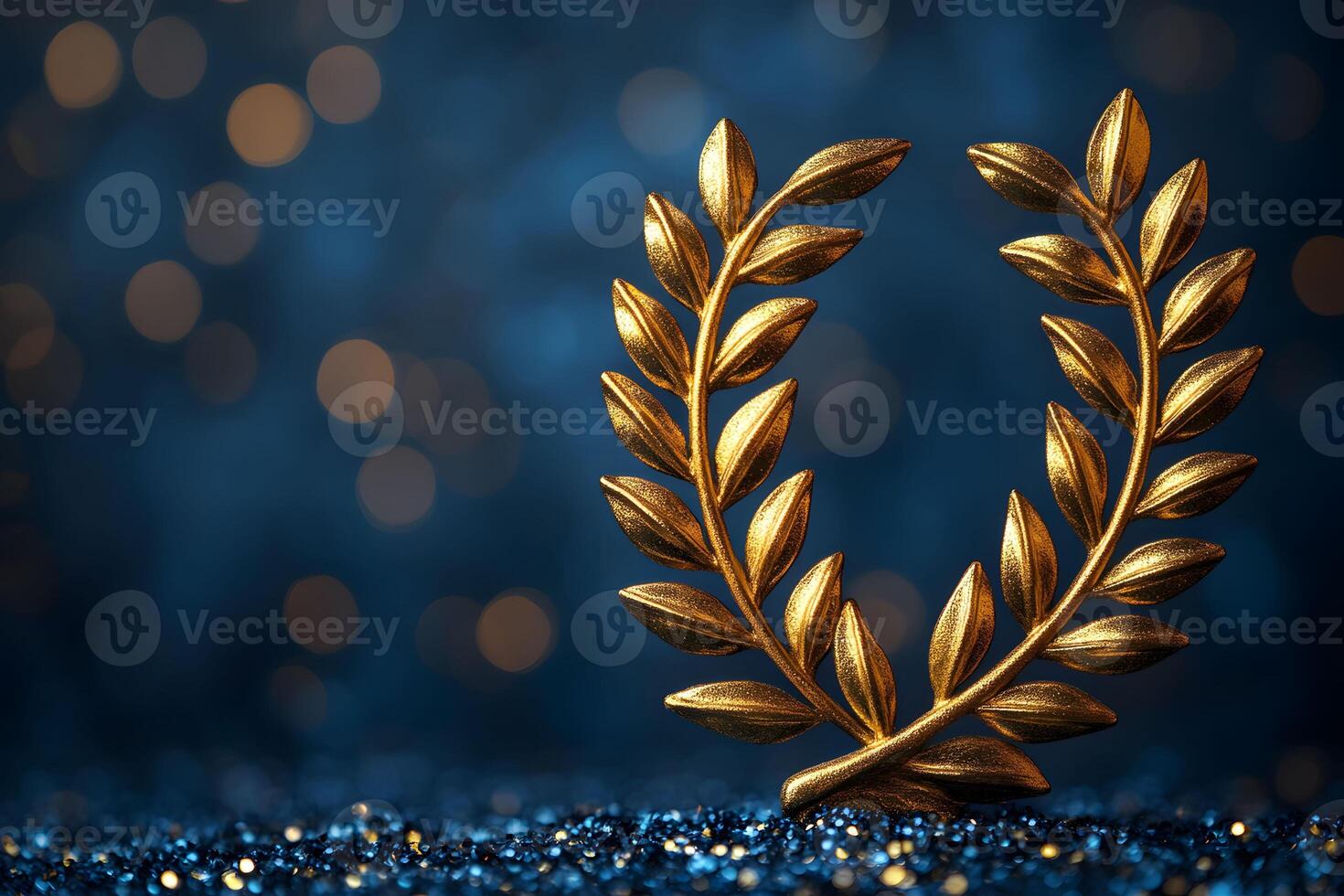 Golden Laurel Wreath on Glittering Blue Bokeh Background for Awards and Achievements photo