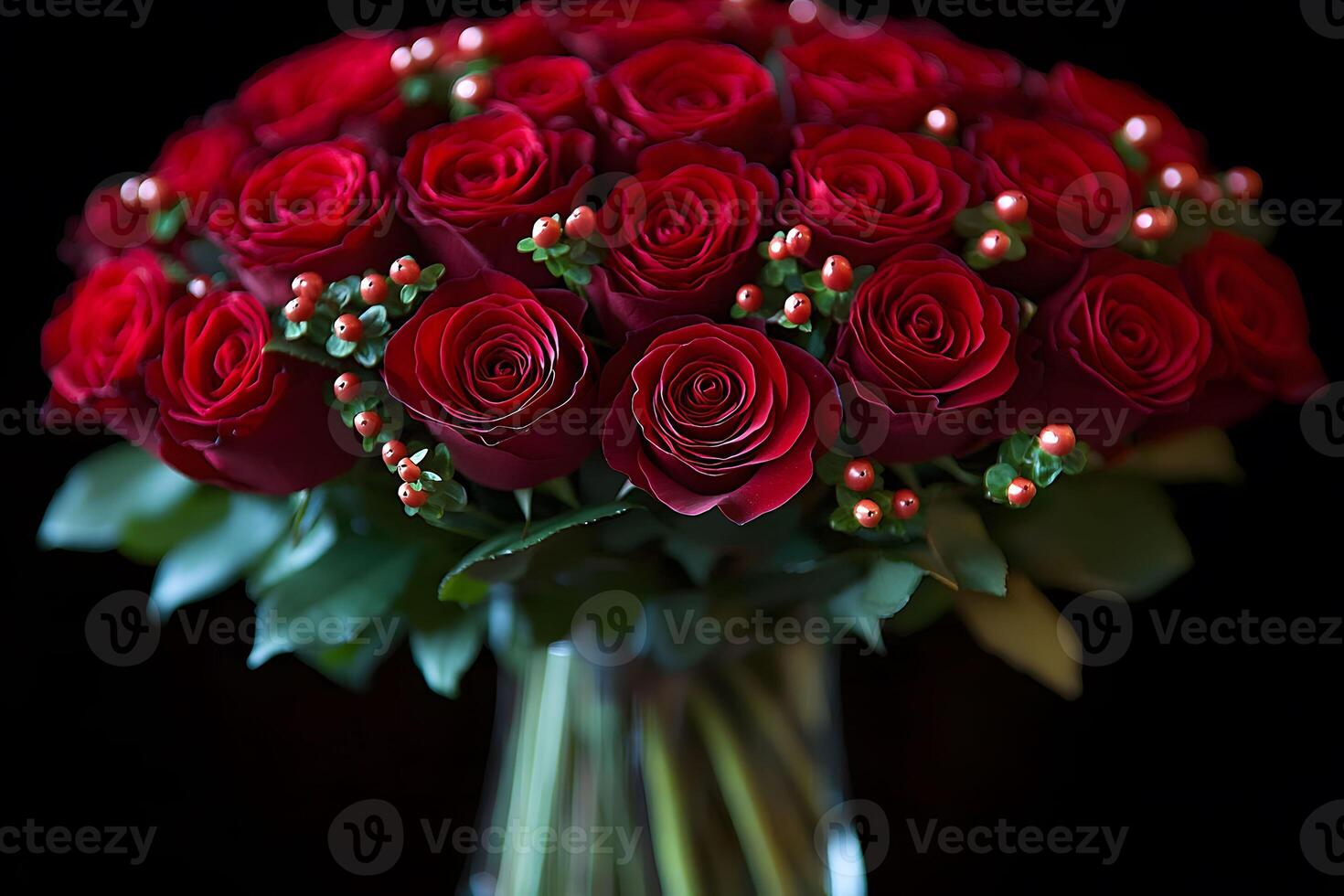 Elegant Rose Bouquet with Red Roses and Greenery in Glass Vase for Romantic Occasions photo