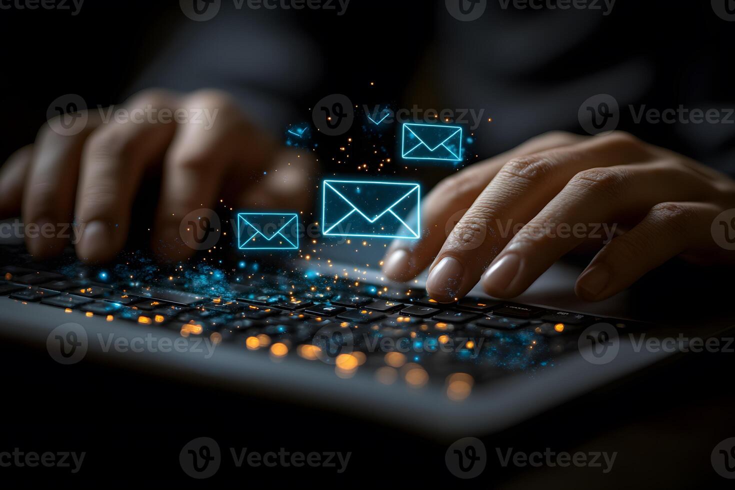 Sending Email Concept Hands Typing on Keyboard with Digital Envelopes for Communication and Technology photo