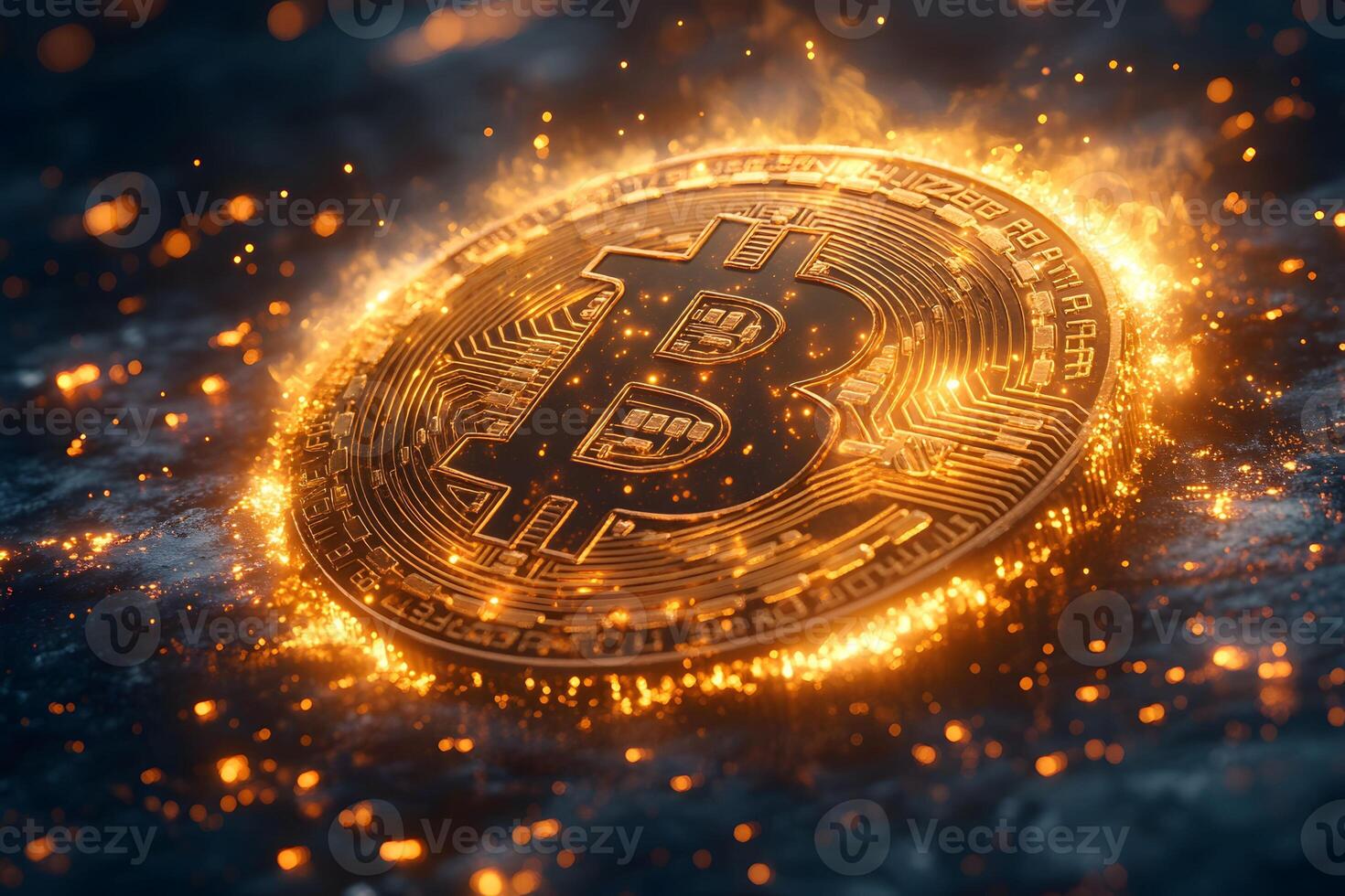 Fiery Bitcoin Concept for Cryptocurrency and Blockchain Technology photo