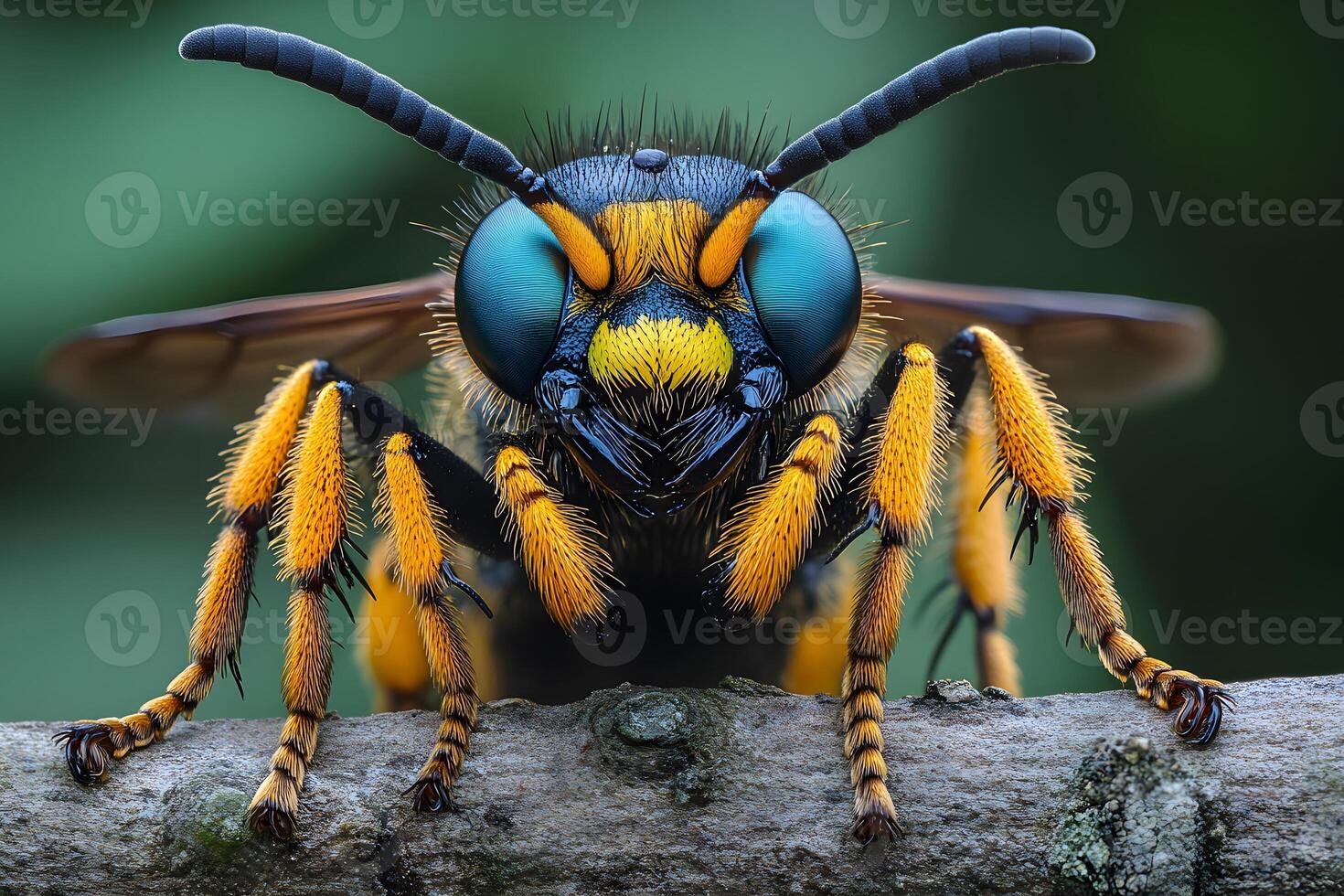Close-Up Macro Shot of Vibrant Wasp on Branch for Nature Photography and Insect Research photo