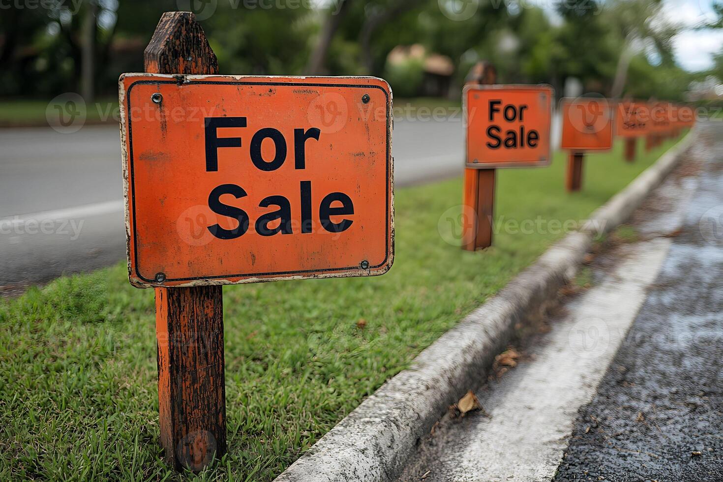 Multiple Orange 'For Sale' Signs Along a Street for Real Estate Opportunities photo