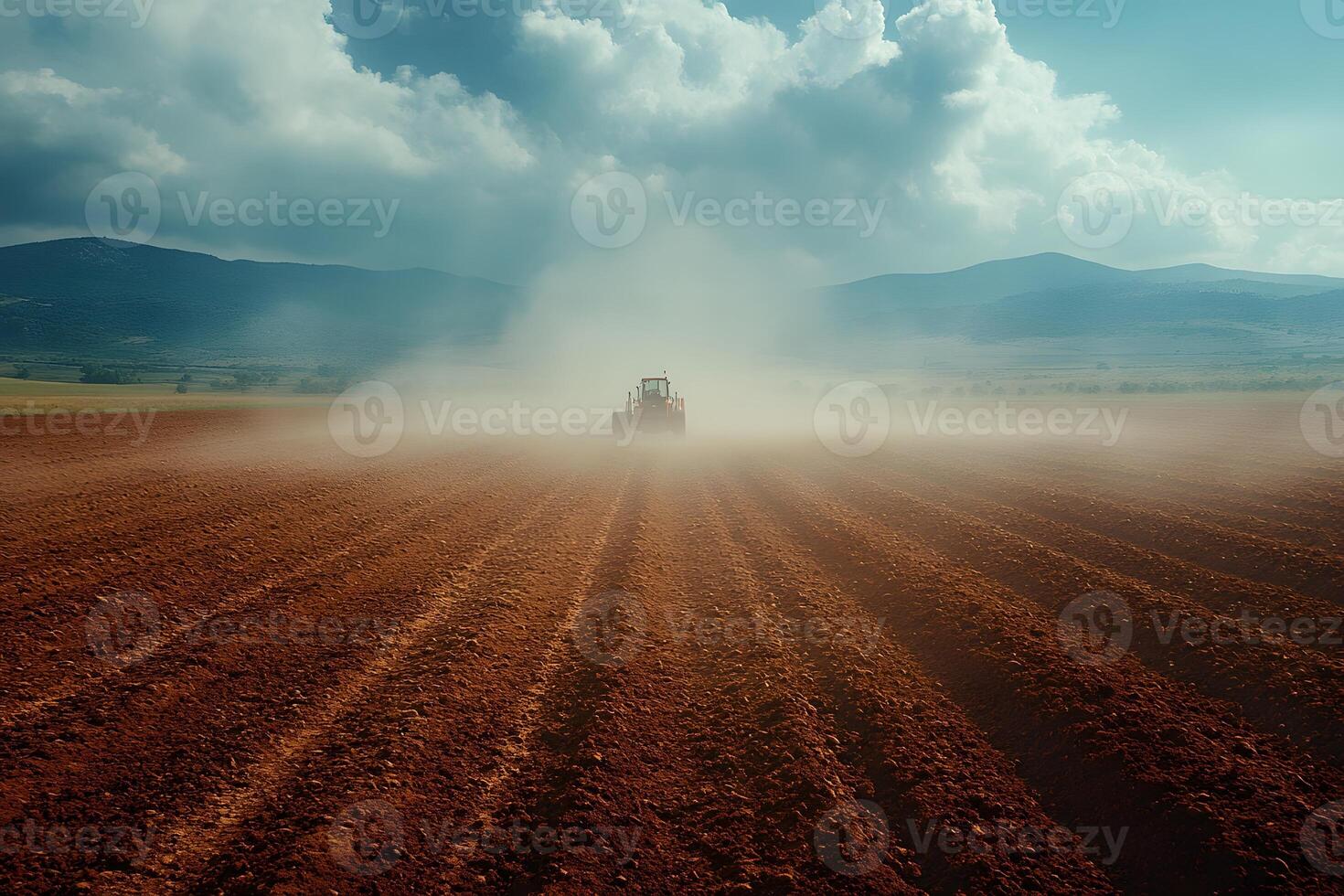 Tractor Plowing Field Under Dramatic Sky - Agricultural Landscape for Farming Concepts photo