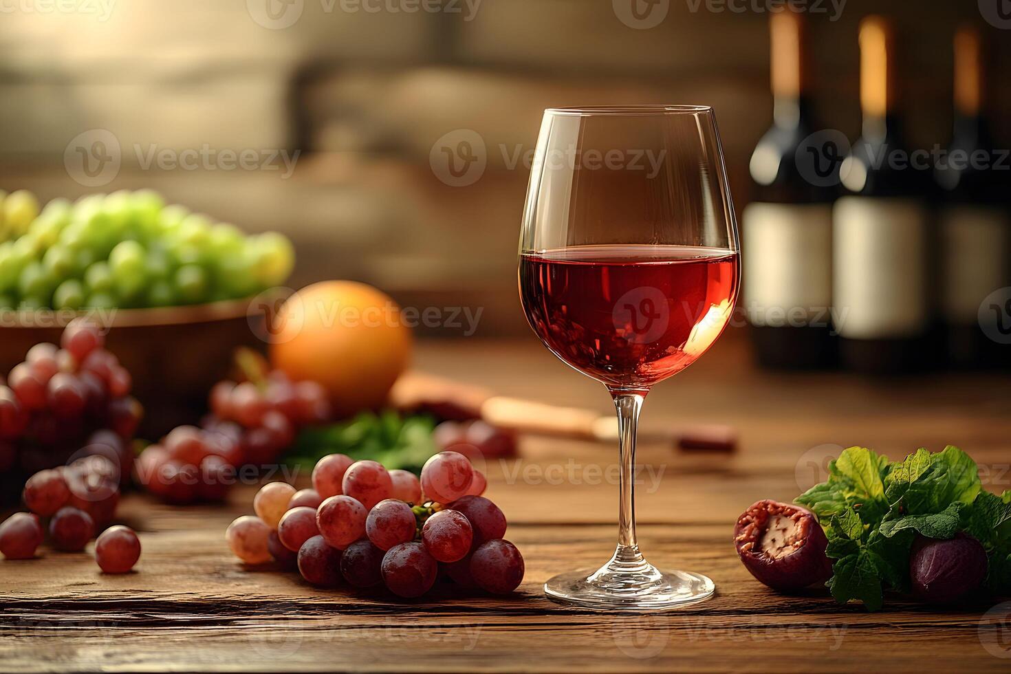 Red Wine and Fresh Fruit Display with Vineyard Ambiance for Dining Decor photo