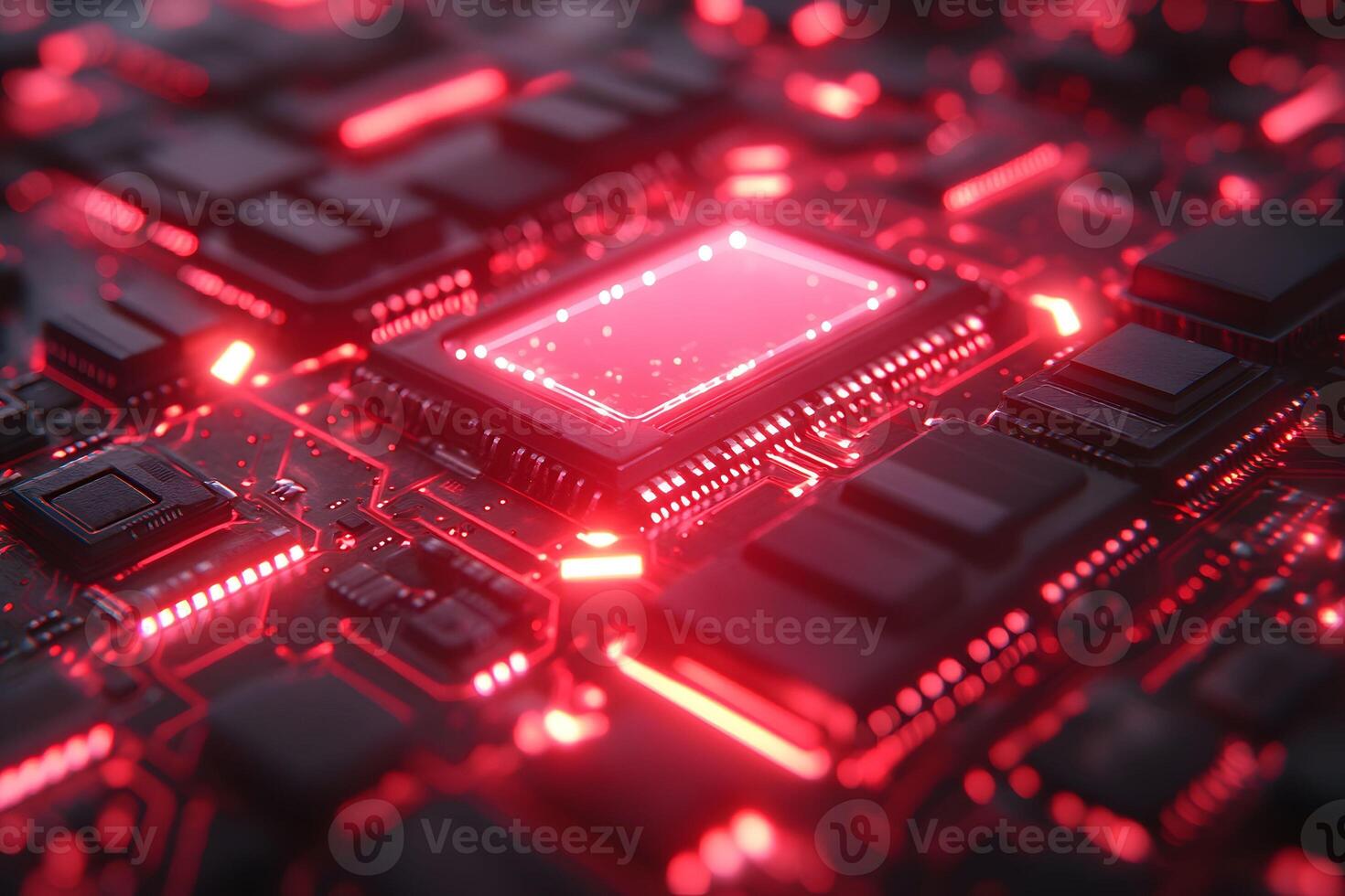 Futuristic Red Digital Circuit Board Microchip Technology Design photo