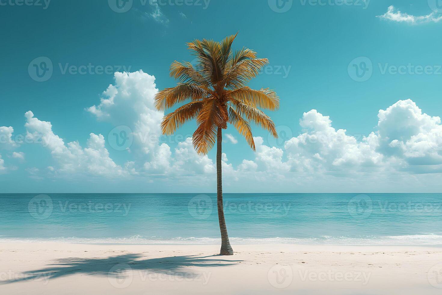 Tropical Beach Serenity with Lone Palm Tree and Clear Blue Sky for Travel Concepts photo