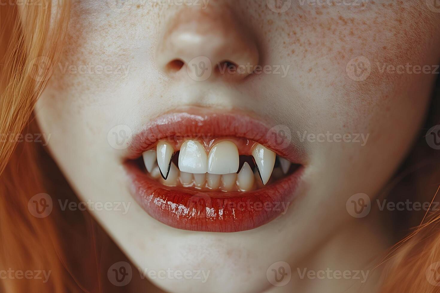 Halloween Vampire Aesthetic with Red Lips and Fangs for Costume Inspiration photo