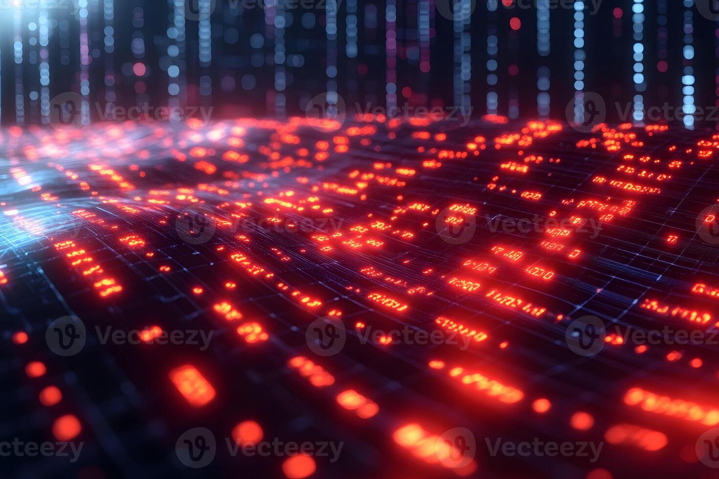 Futuristic Digital Code Landscape with Glowing Red Patterns and Data Streams photo