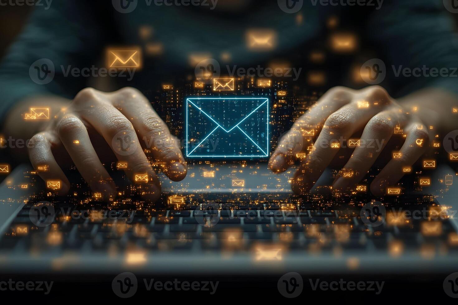 Digital Communication Concept with Neon Envelope Icons and Hands on Keyboard for Technology Design photo