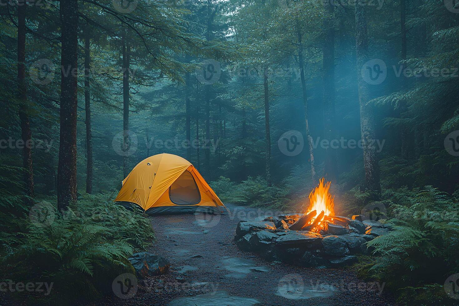 Peaceful Forest Camping Scene with Tent and Campfire in Lush Greenery photo