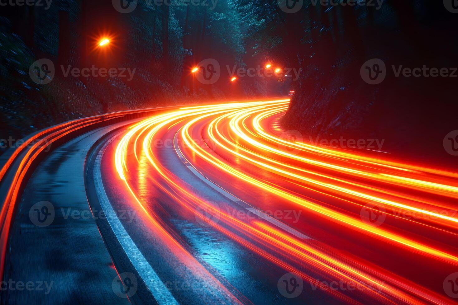 Long Exposure Light Trails on Forest Road at Night for Creative Design photo
