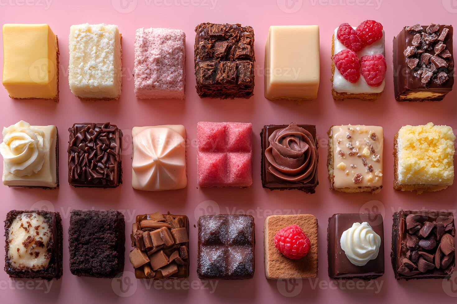 Assorted Miniature Cakes on Pink Background for Dessert and Party Inspirations photo