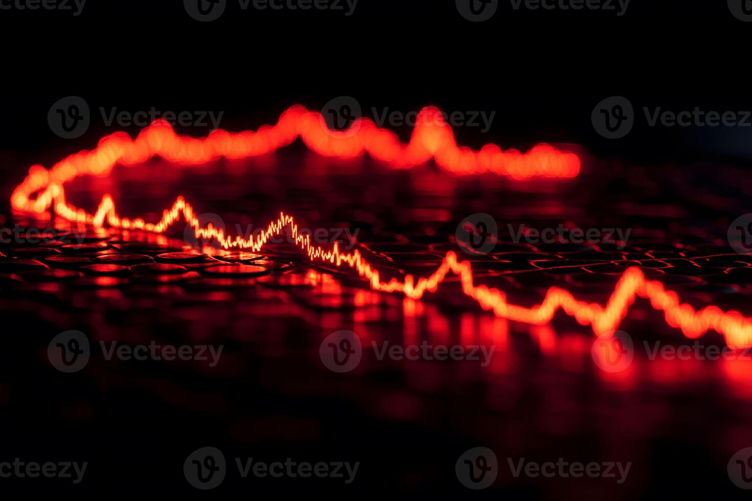 Dynamic Red Neon Sound Wave Pattern on Black Hexagonal Surface for Modern Design photo