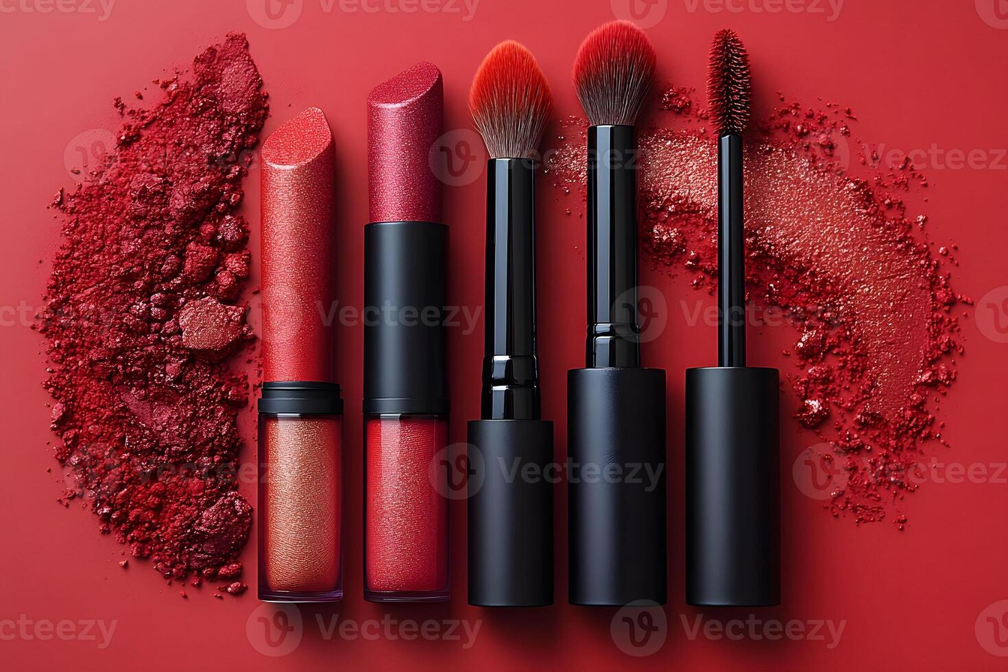 Vibrant Red Cosmetics Display with Lipsticks and Makeup Brushes on Textured Background photo