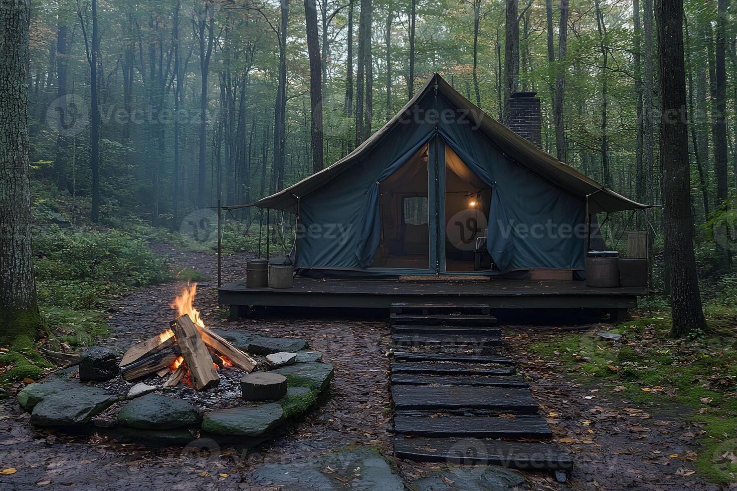 Rustic Forest Camping Experience with Tent and Campfire in Serene Woods photo