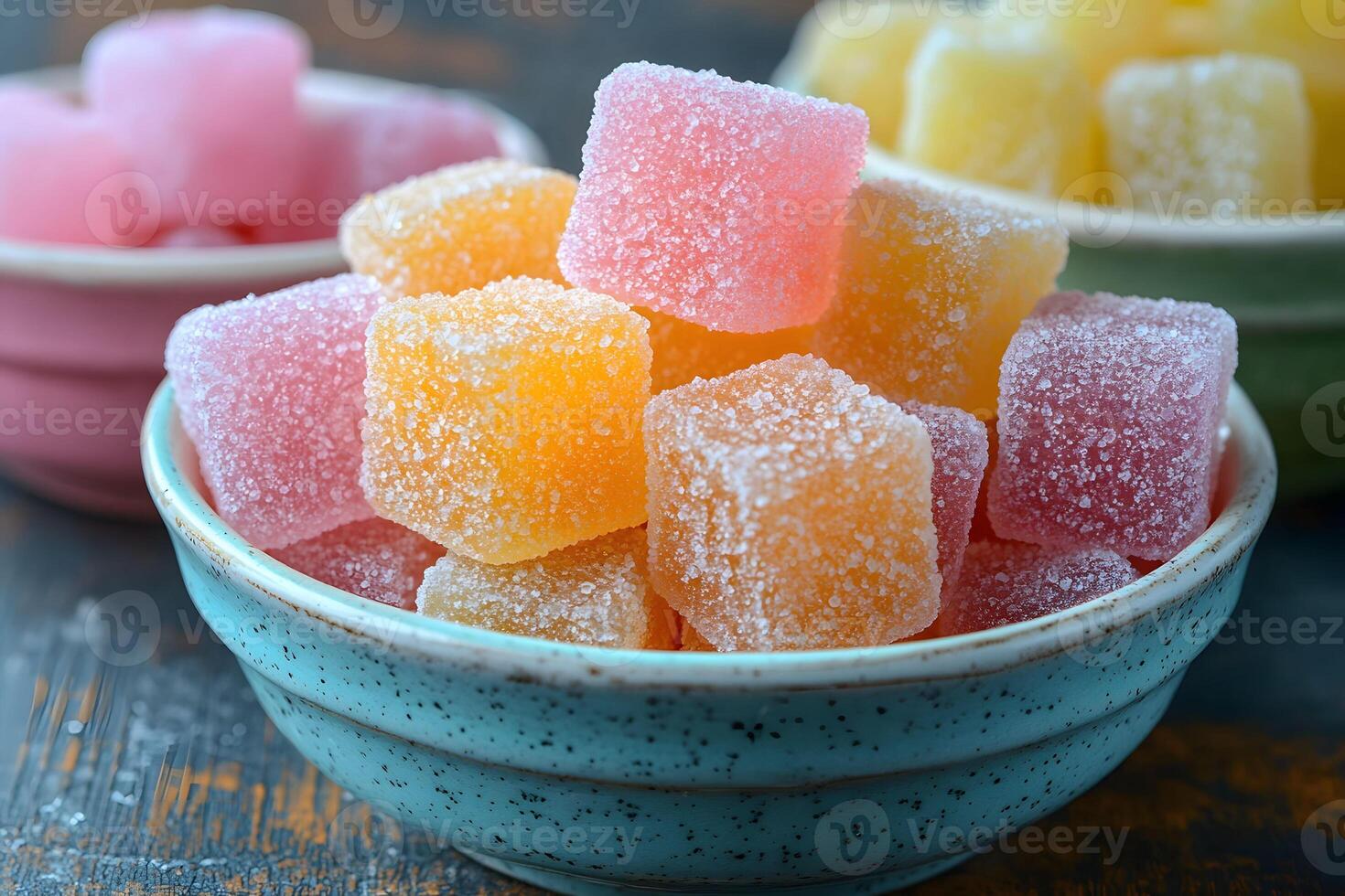 Colorful Sugar-Coated Jelly Candies in Bowls for Sweet Treats and Festive Decor photo