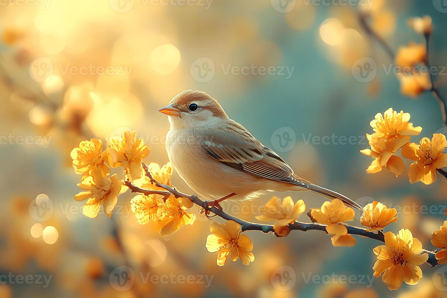 Sparrow Perched on Yellow Blossoms in Warm Golden Light photo