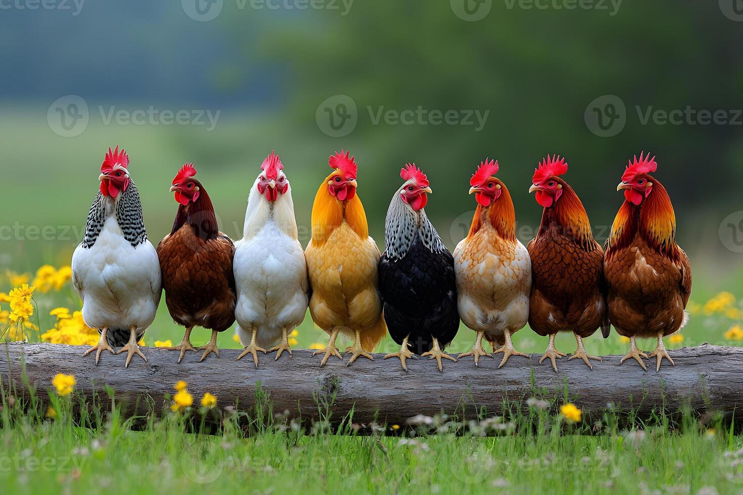 Colorful Roosters in a Natural Setting Perfect for Farm Life Themes photo