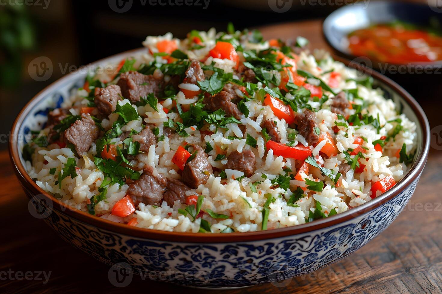 Delicious Beef and Rice Bowl with Fresh Herbs and Vegetables for a Flavorful Meal photo
