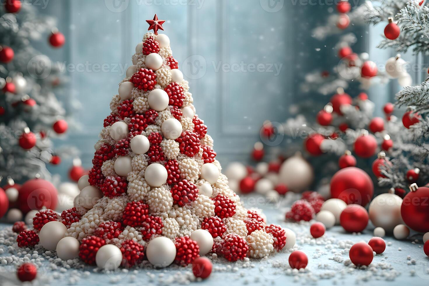 Festive Christmas Tree Made of Red and White Ornaments in Snowy Interior photo