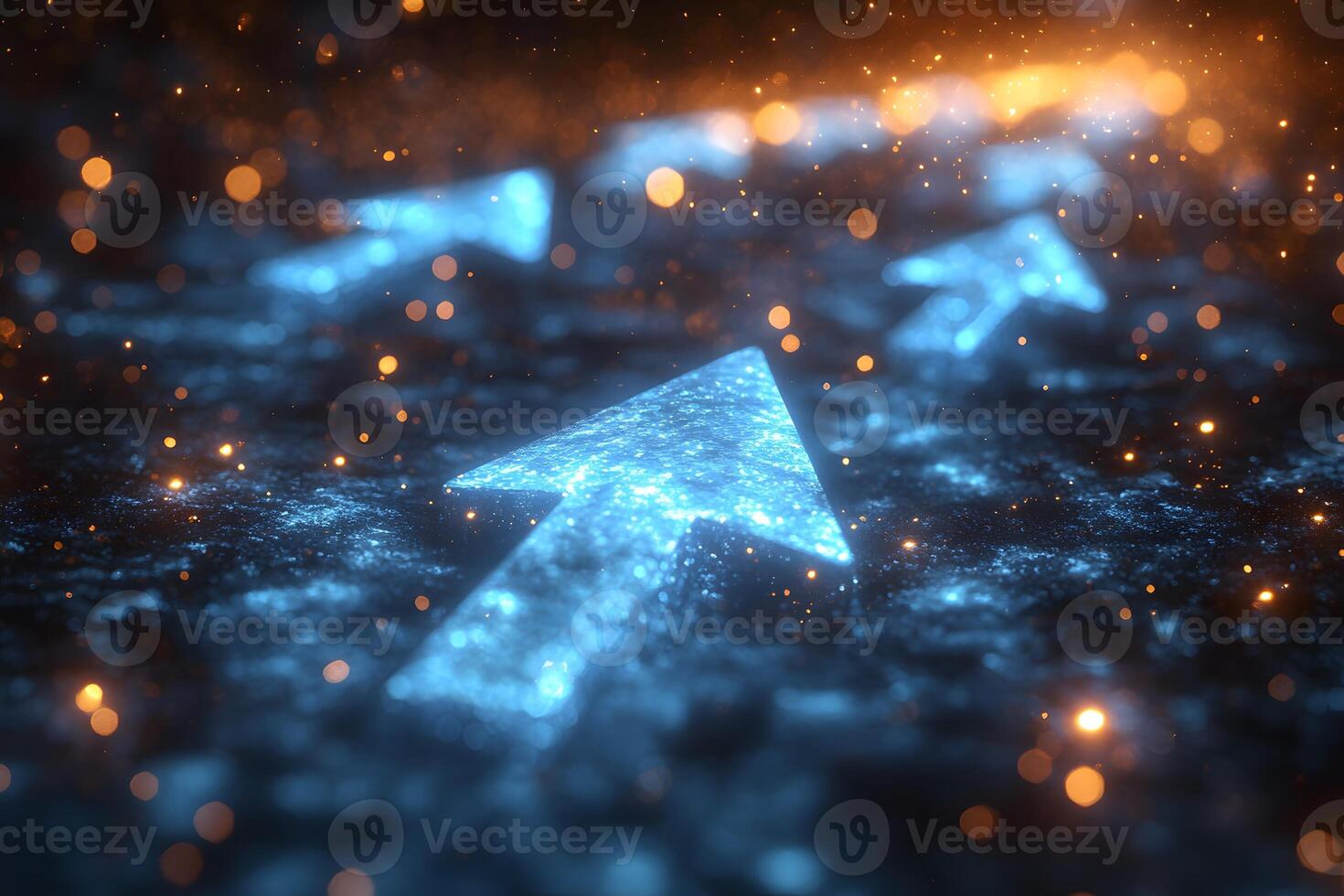 Illuminated Arrows Pointing Forward Amidst a Glowing Abstract Digital Landscape photo