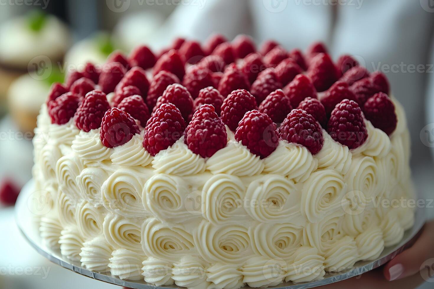Elegant Raspberry Cake with Whipped Cream Swirls for Celebrations and Events photo