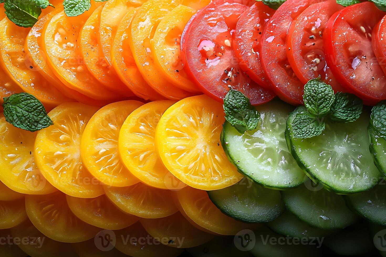 Colorful Arrangement of Sliced Tomatoes, Cucumbers, and Mint for Fresh Summer Salads photo