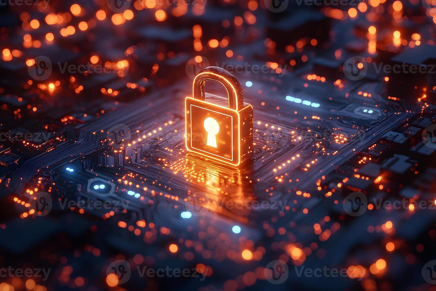 Cybersecurity Concept Glowing Padlock on Circuit Board for Digital Protection and Data Security Design photo
