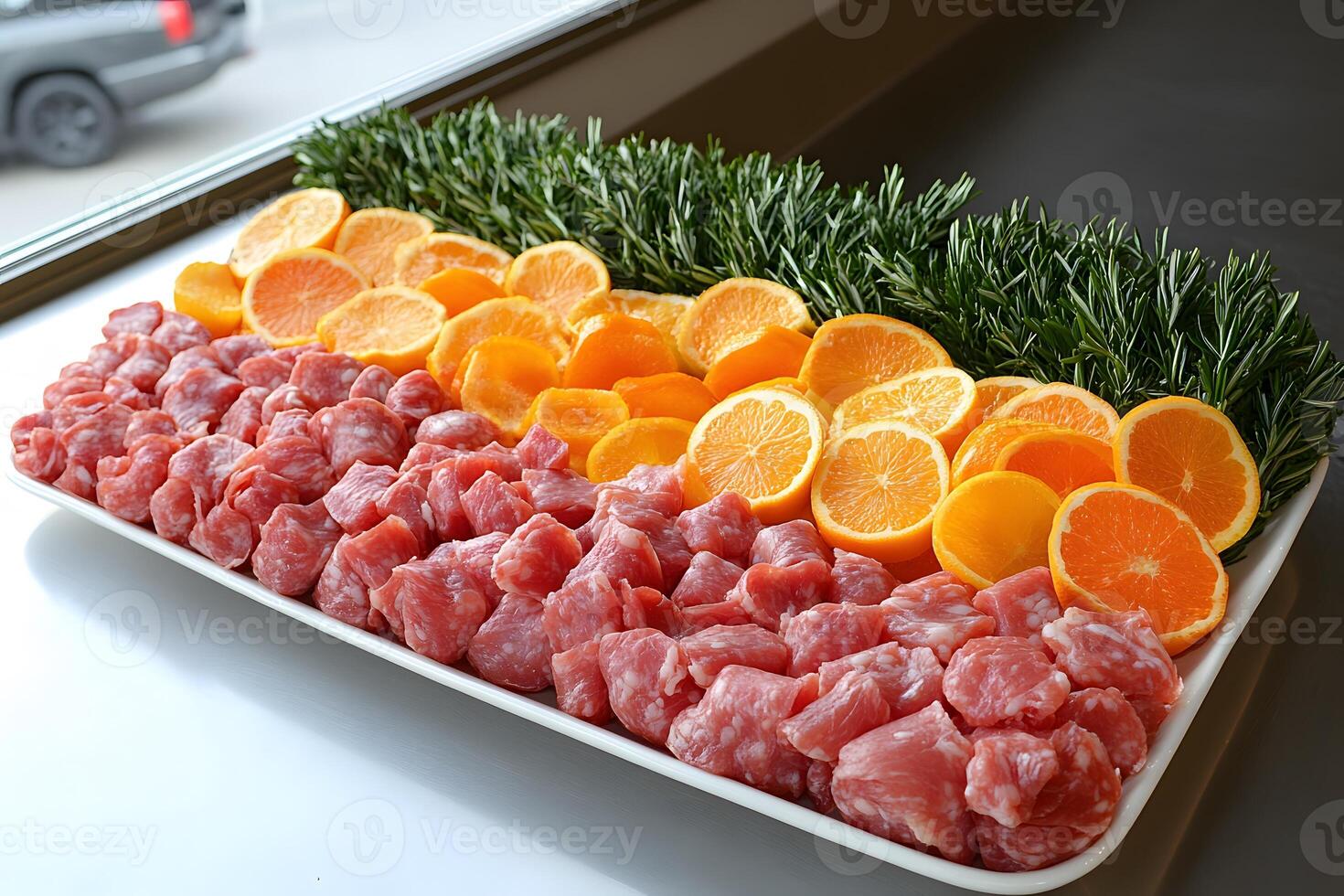 Fresh Culinary Display of Diced Meat, Orange Slices, and Rosemary for Gourmet Cooking photo