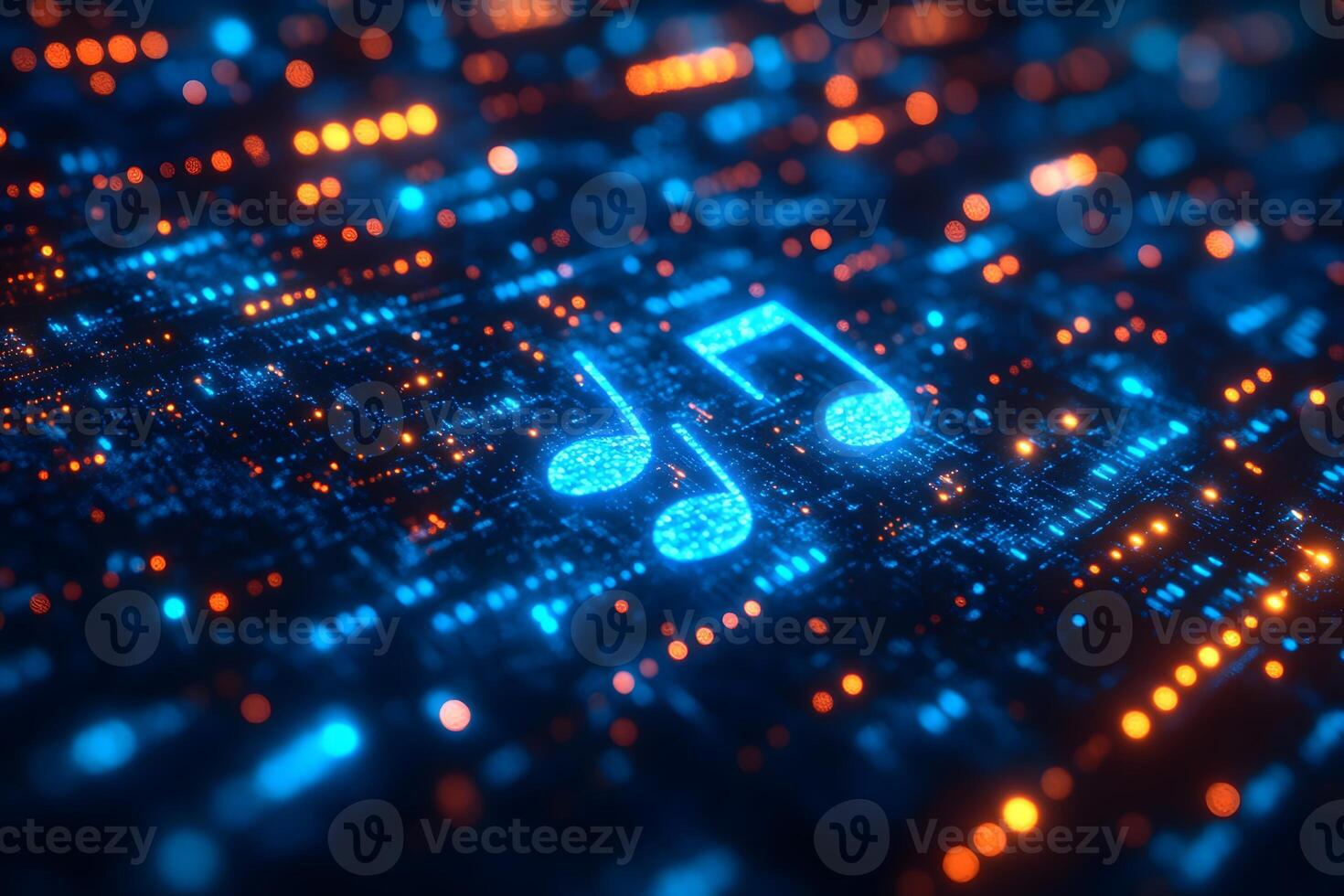 Futuristic Digital Music Concept with Glowing Notes and Circuit Board Elements photo