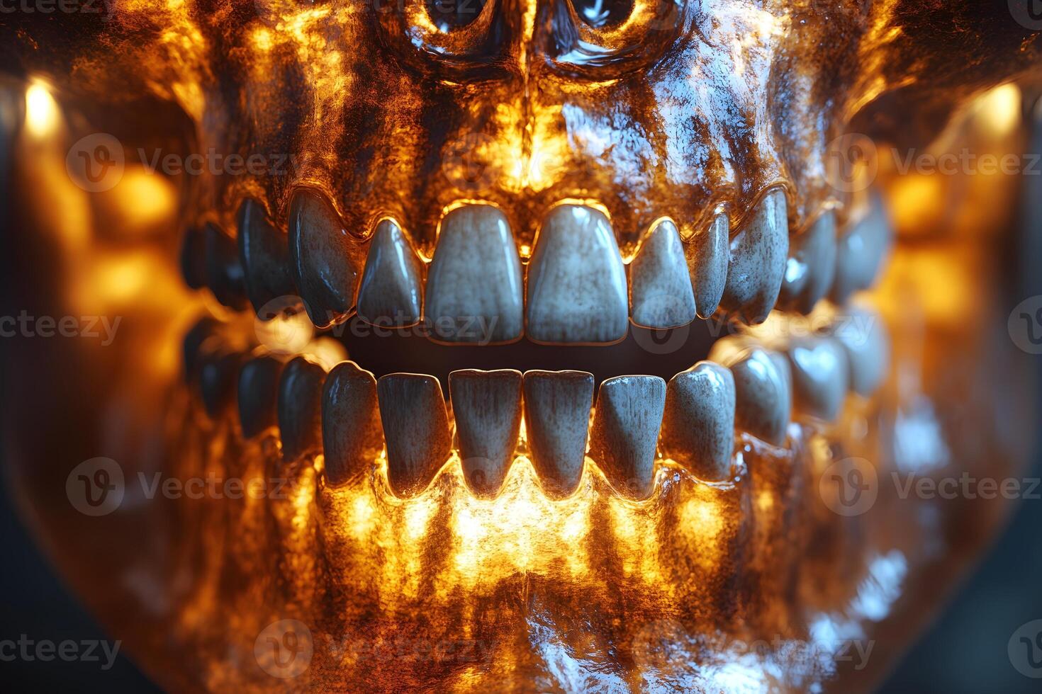 Golden Skull with Glowing Teeth - Mystical Halloween Design for Posters and Decor photo