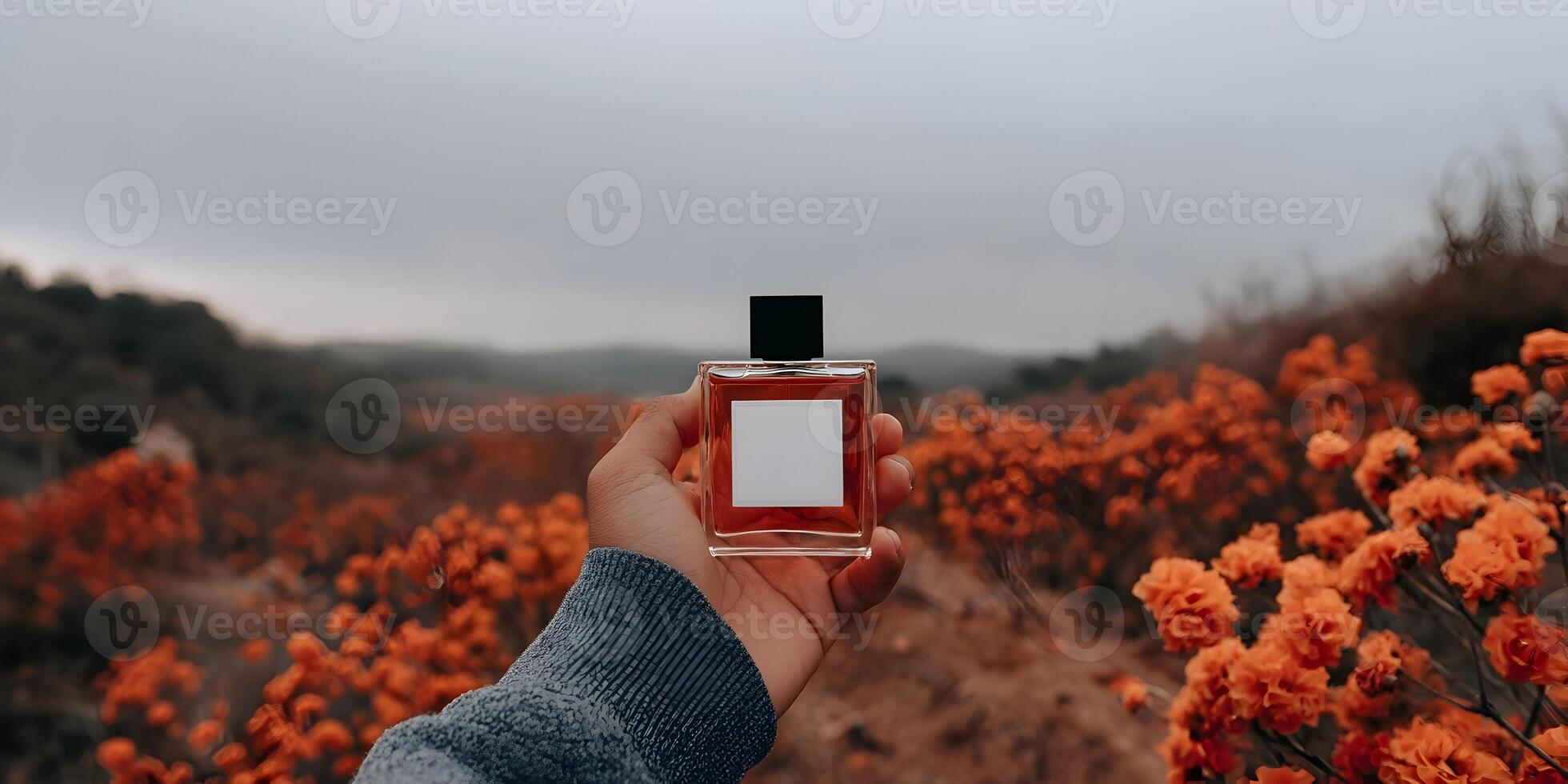 Hand Holding Perfume Bottle Against Orange Flowers Landscape photo