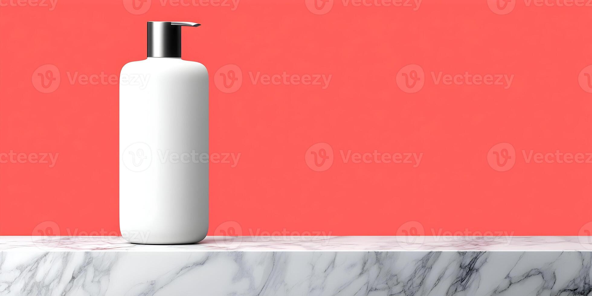 White Pump Bottle on Marble Shelf Coral Background Product Display Mockup photo
