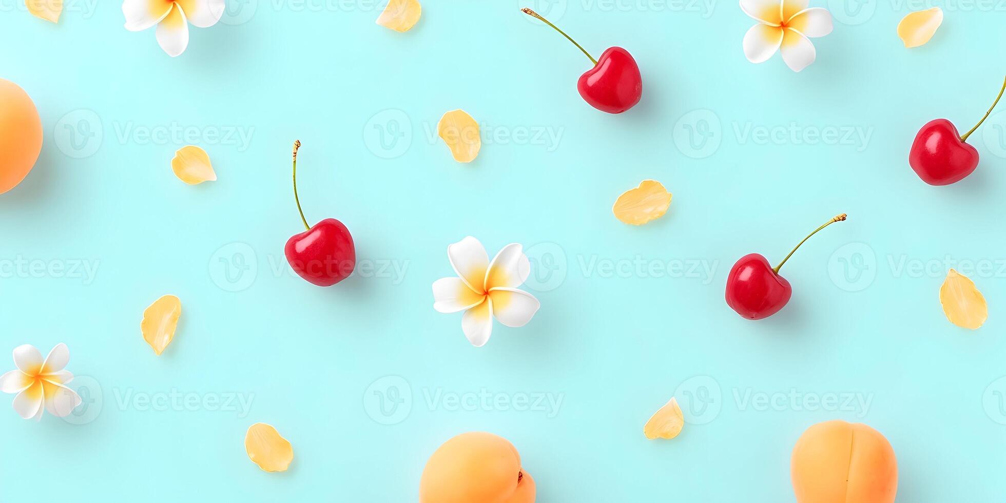 cherries and flowers on a blue background photo